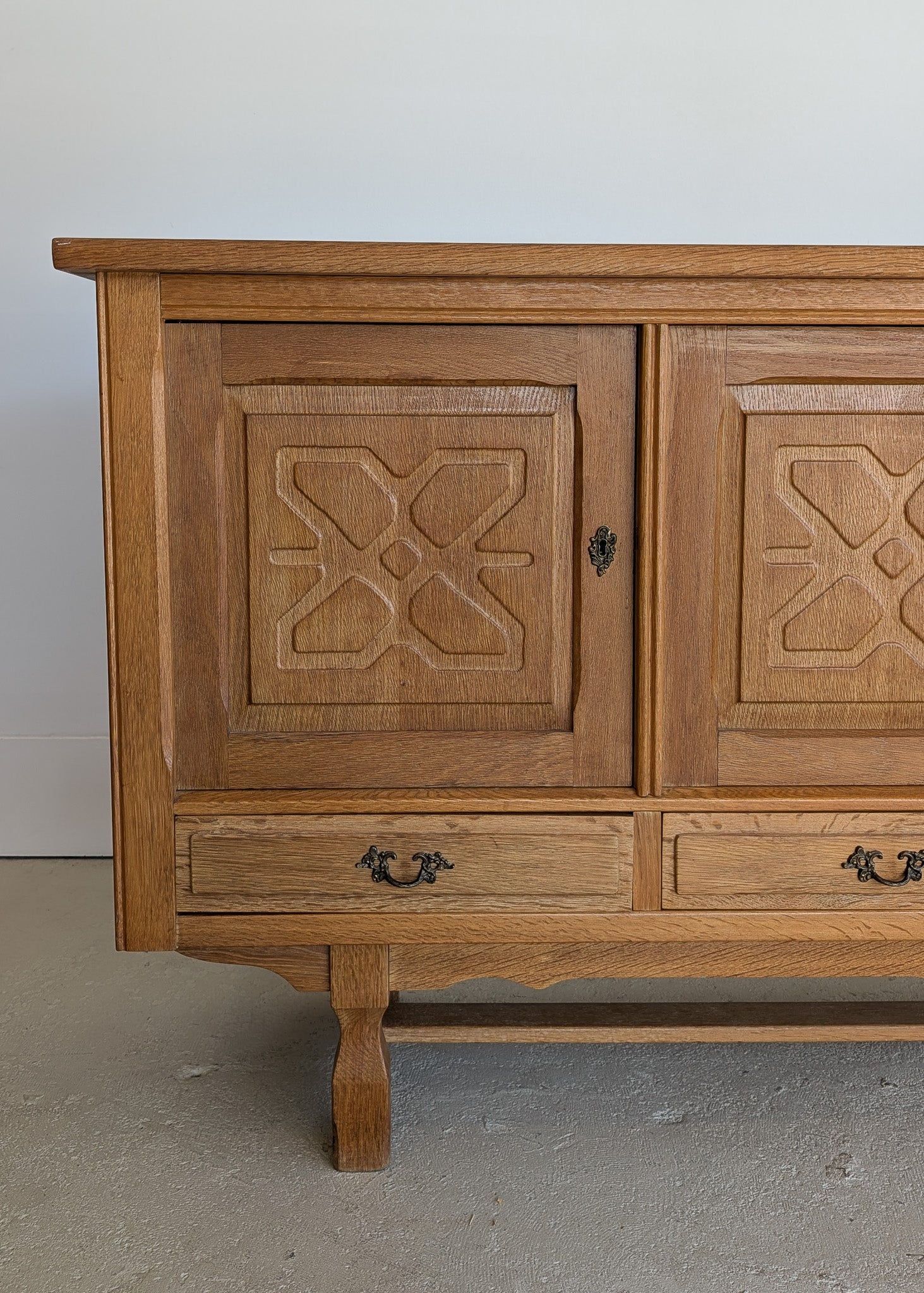 Vintage Danish Henning Kjærnulf-Attributed Quartersawn White Oak Sideboard with Hand-Carved Detailing and Two (2) Keys