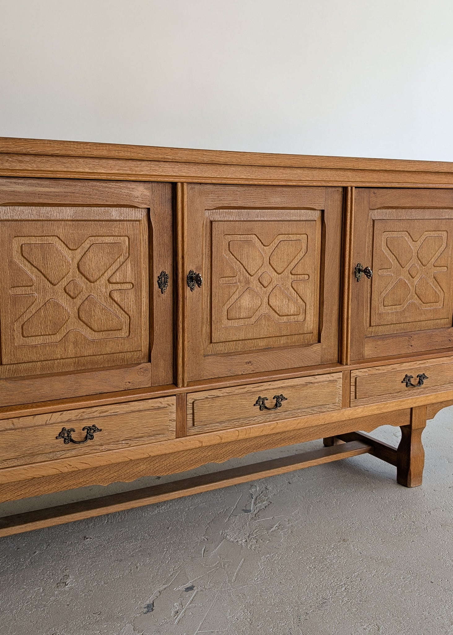 Vintage Danish Henning Kjærnulf-Attributed Quartersawn White Oak Sideboard with Hand-Carved Detailing and Two (2) Keys