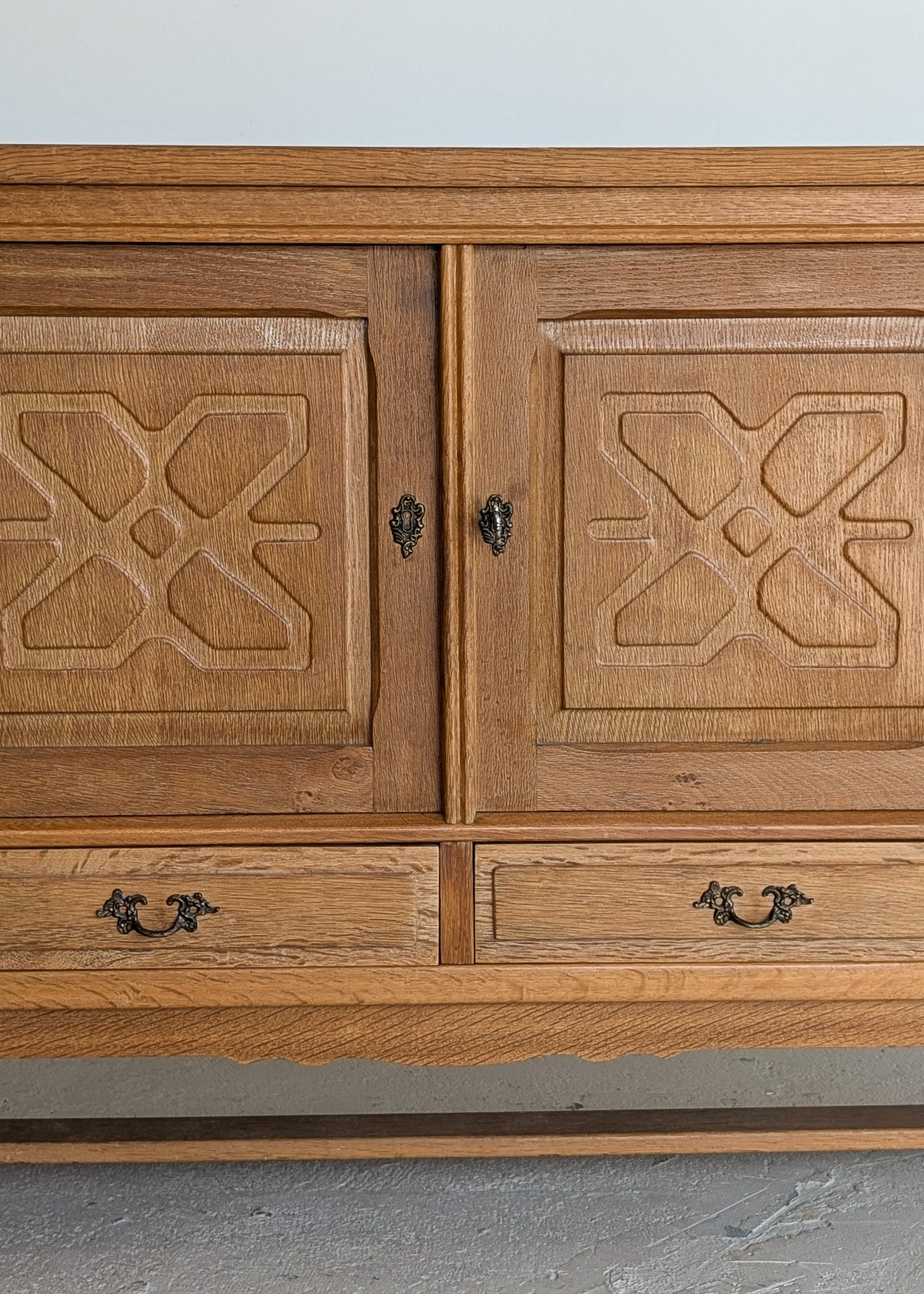 Vintage Danish Henning Kjærnulf-Attributed Quartersawn White Oak Sideboard with Hand-Carved Detailing and Two (2) Keys