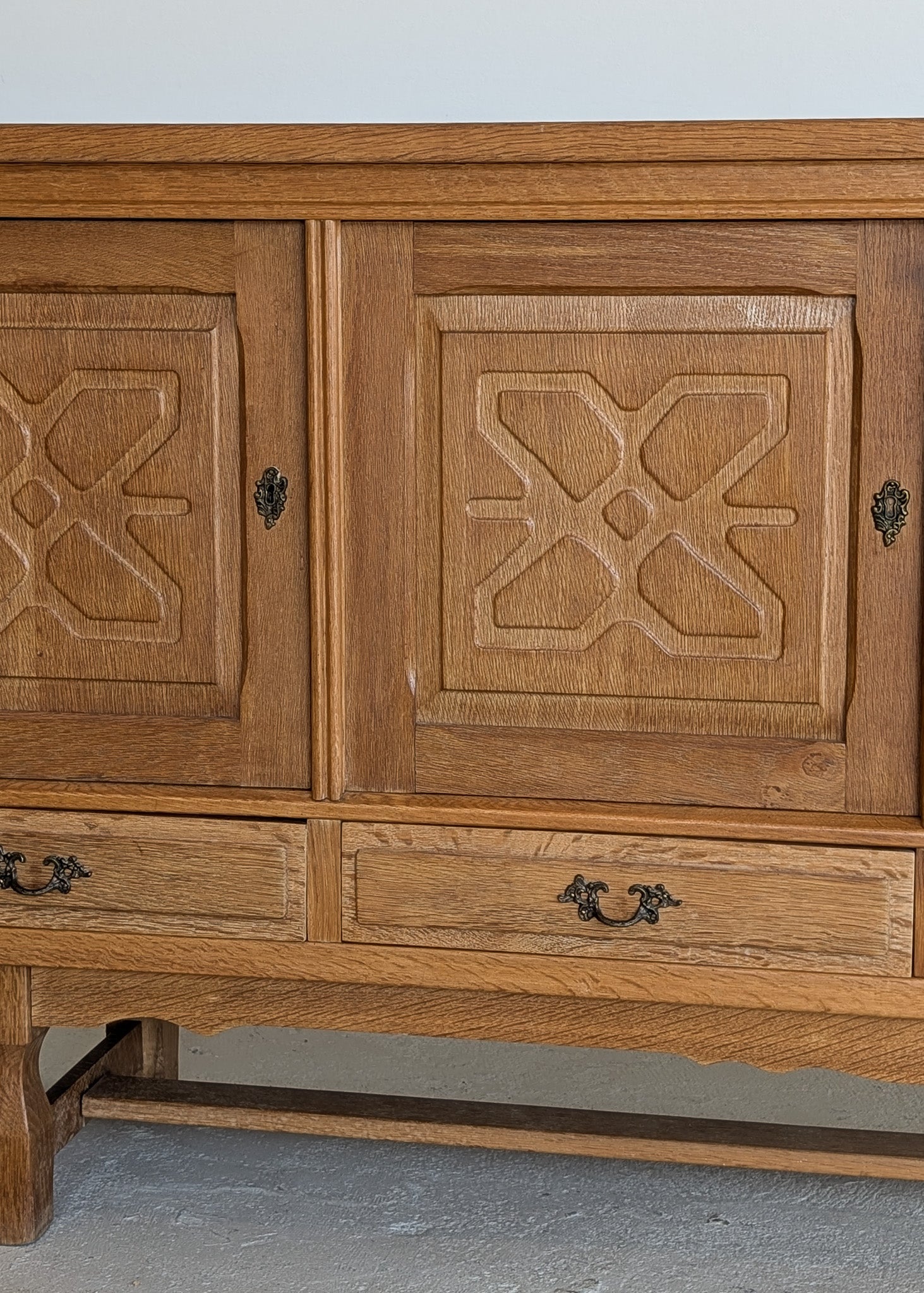 Vintage Danish Henning Kjærnulf-Attributed Quartersawn White Oak Sideboard with Hand-Carved Detailing and Two (2) Keys