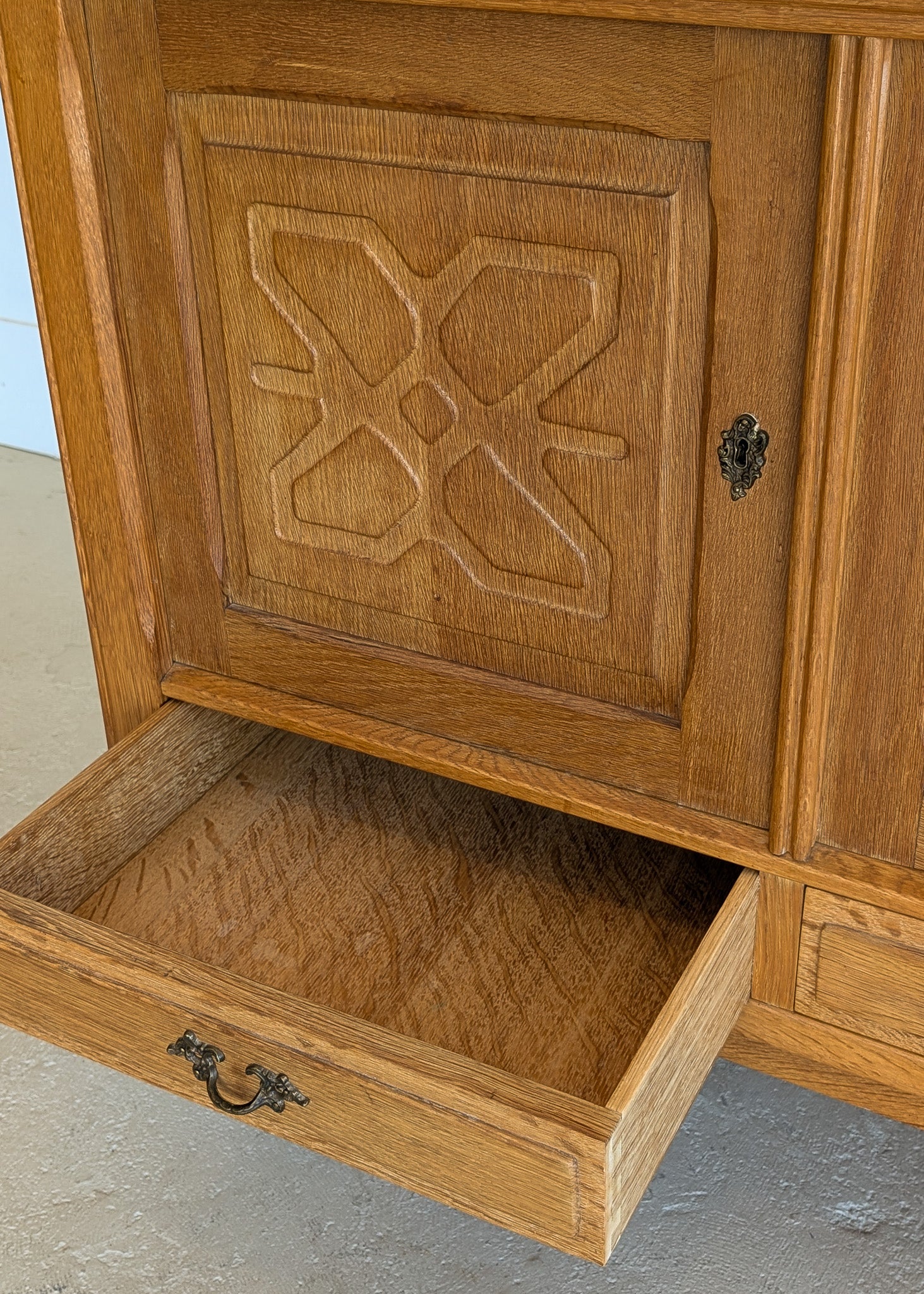 Vintage Danish Henning Kjærnulf-Attributed Quartersawn White Oak Sideboard with Hand-Carved Detailing and Two (2) Keys