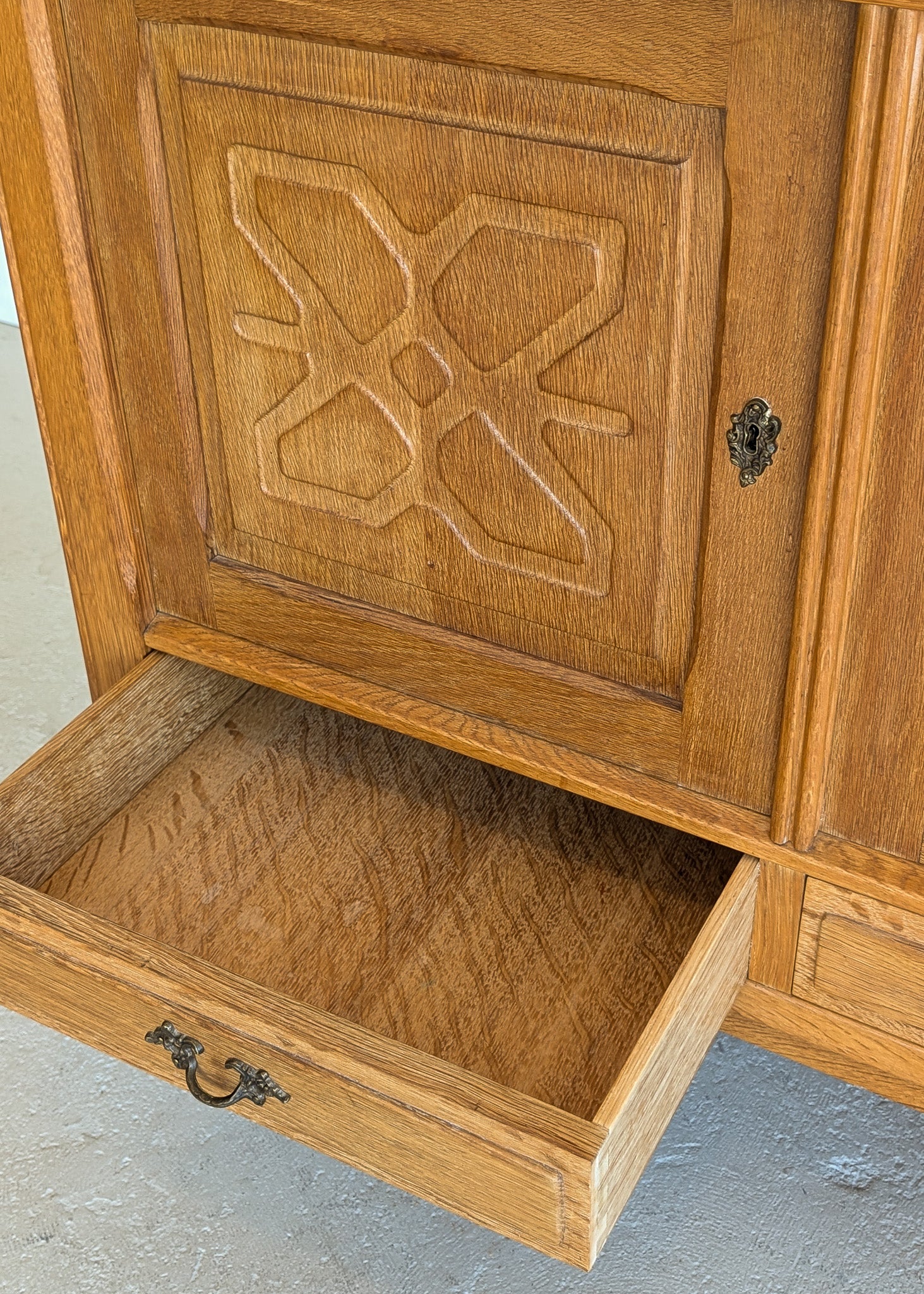 Vintage Danish Henning Kjærnulf-Attributed Quartersawn White Oak Sideboard with Hand-Carved Detailing and Two (2) Keys