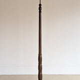 Six-Foot-Tall Antique European Charles Dudouyt-Style Wooden Oak Two-Light Spindle Floor Lamp with Bell-Shaped Base and Ball Feet