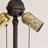 Six-Foot-Tall Antique European Charles Dudouyt-Style Wooden Oak Two-Light Spindle Floor Lamp with Bell-Shaped Base and Ball Feet
