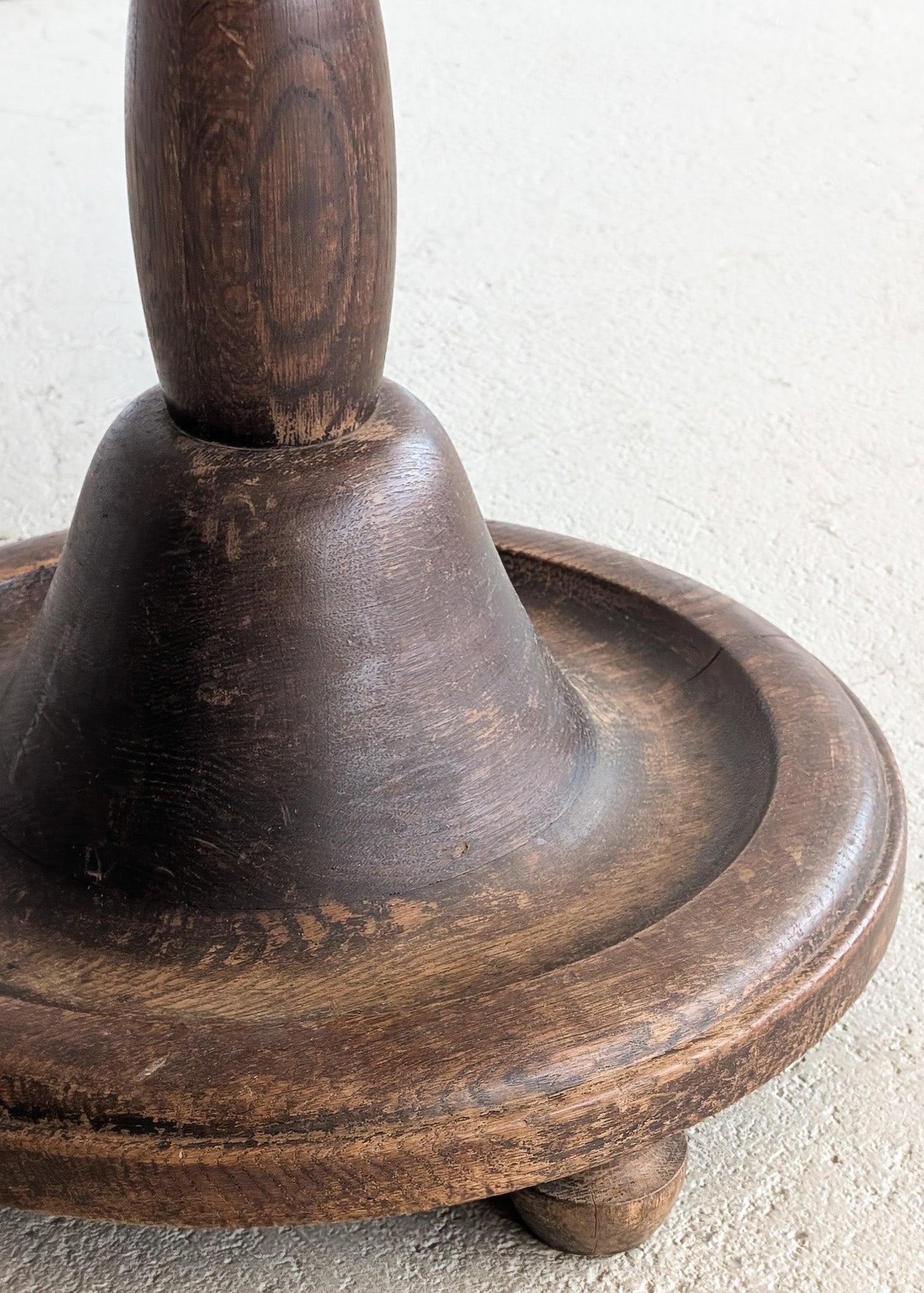 Six-Foot-Tall Antique European Charles Dudouyt-Style Wooden Oak Two-Light Spindle Floor Lamp with Bell-Shaped Base and Ball Feet