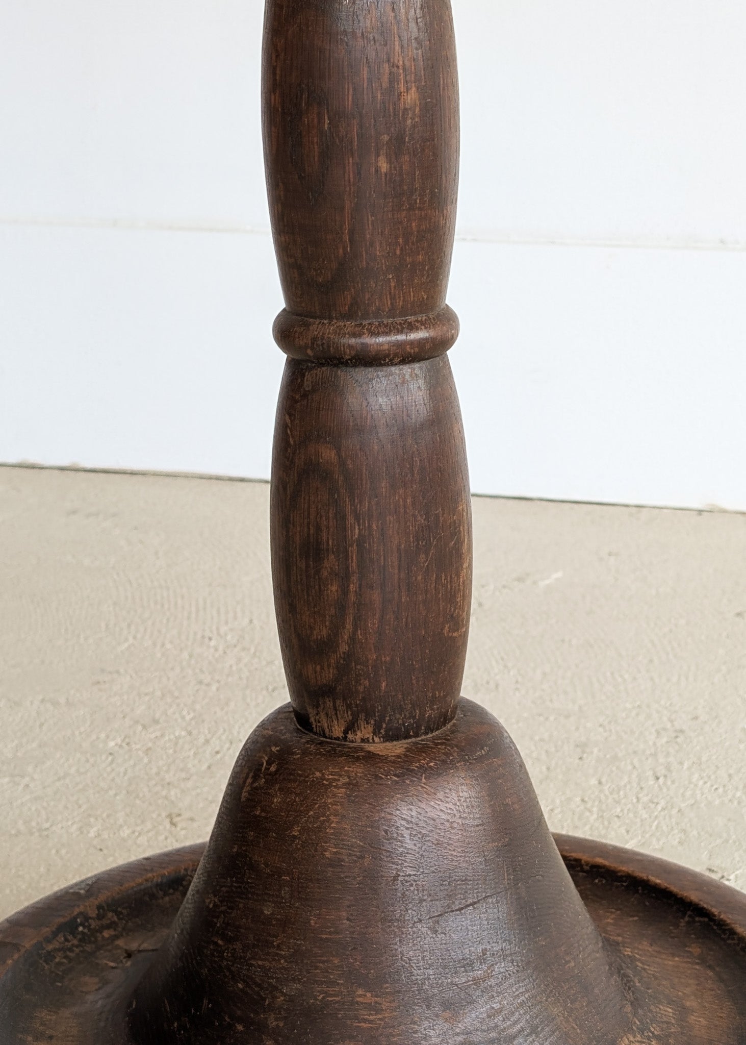 Six-Foot-Tall Antique European Charles Dudouyt-Style Wooden Oak Two-Light Spindle Floor Lamp with Bell-Shaped Base and Ball Feet