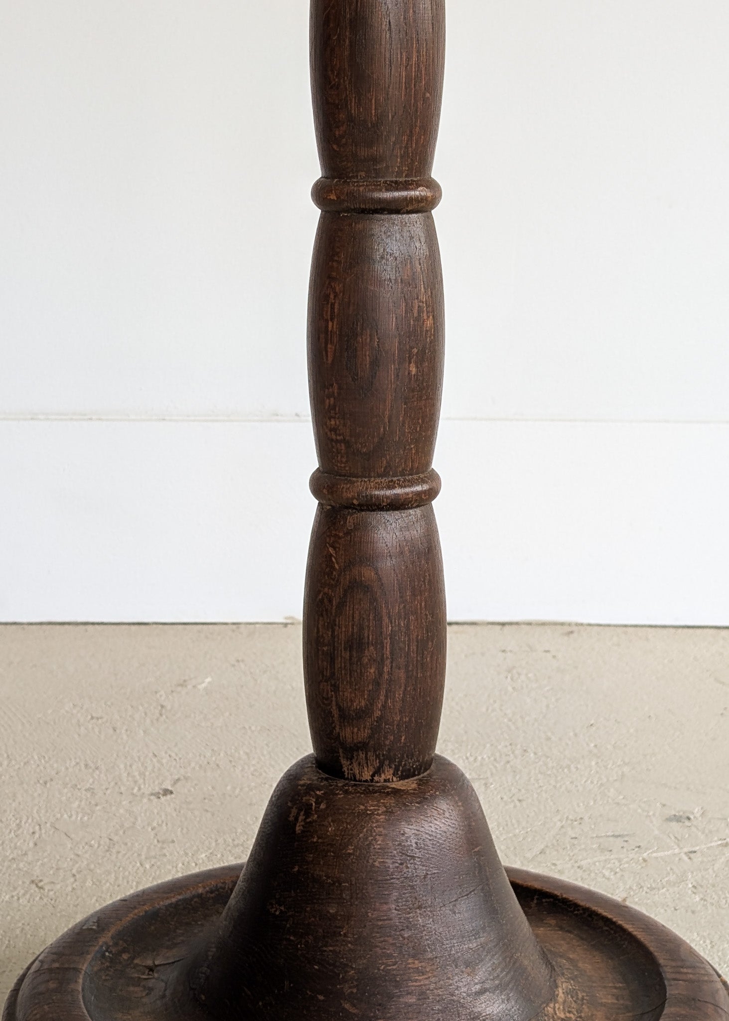 Six-Foot-Tall Antique European Charles Dudouyt-Style Wooden Oak Two-Light Spindle Floor Lamp with Bell-Shaped Base and Ball Feet