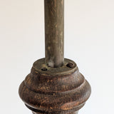 Six-Foot-Tall Antique European Charles Dudouyt-Style Wooden Oak Two-Light Spindle Floor Lamp with Bell-Shaped Base and Ball Feet