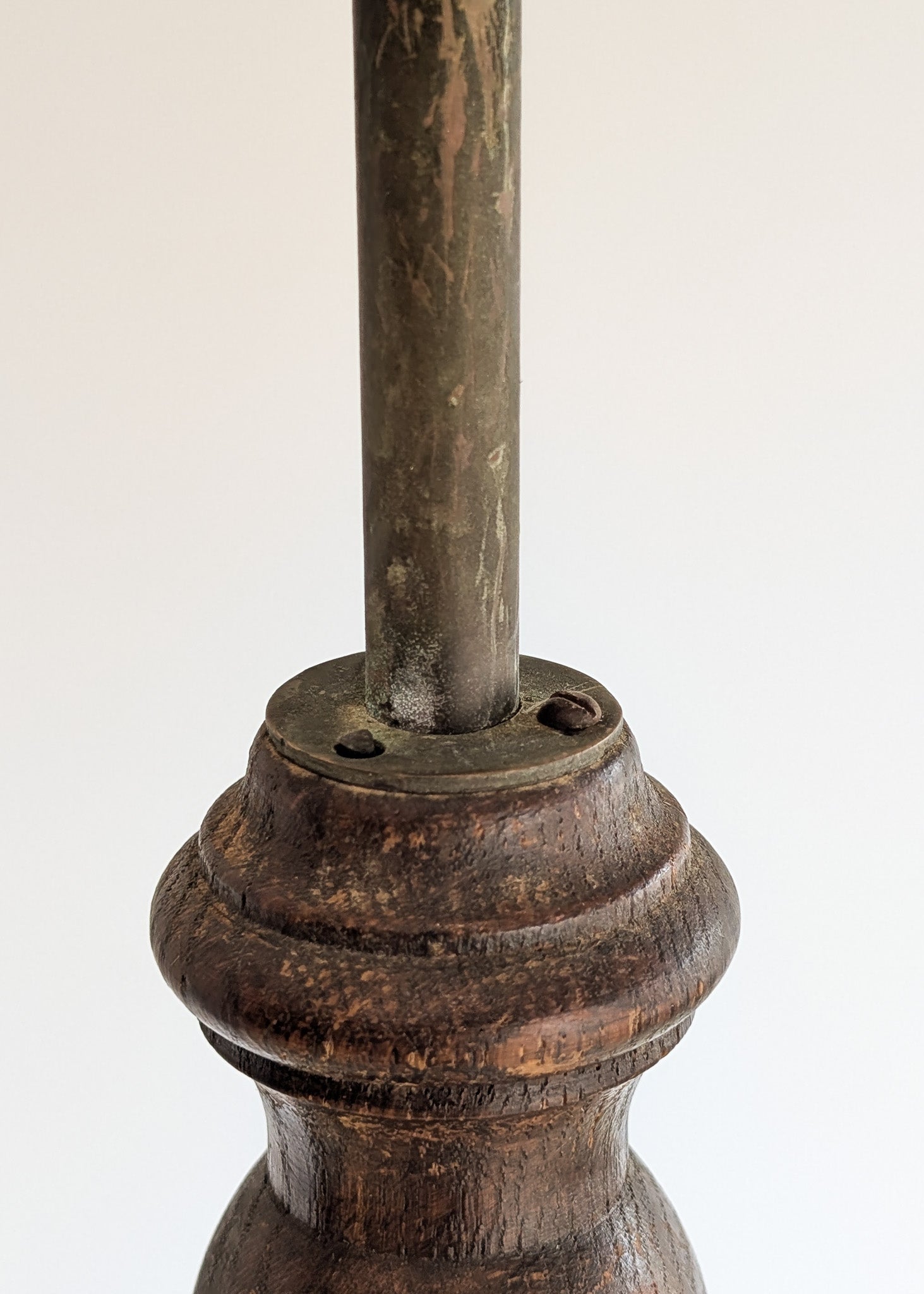 Six-Foot-Tall Antique European Charles Dudouyt-Style Wooden Oak Two-Light Spindle Floor Lamp with Bell-Shaped Base and Ball Feet