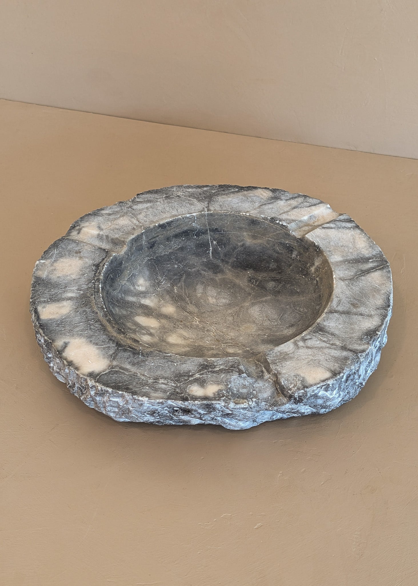 Extra Large Vintage Gray and White Marble Ashtray/Catchall with Rough-Carved Edge