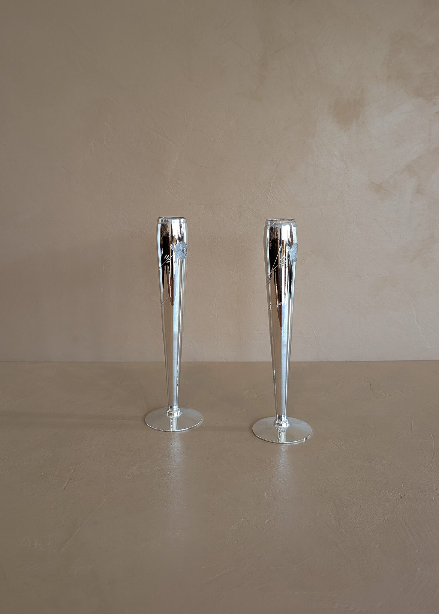 Pair of Vintage Hand-Blown and Hand-Cut Silvered Glass Bud Vases with Floral Detailing