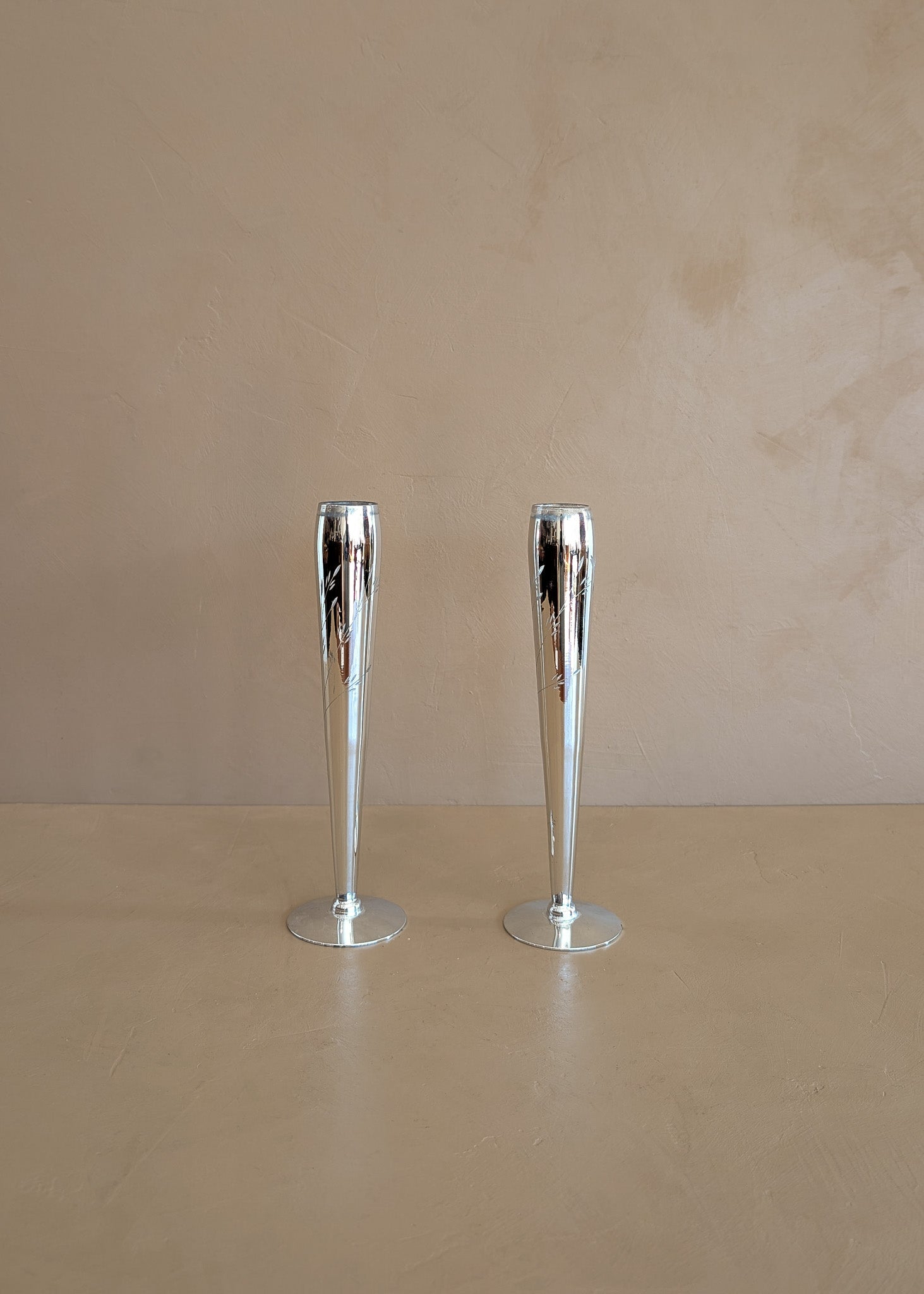 Pair of Vintage Hand-Blown and Hand-Cut Silvered Glass Bud Vases with Floral Detailing