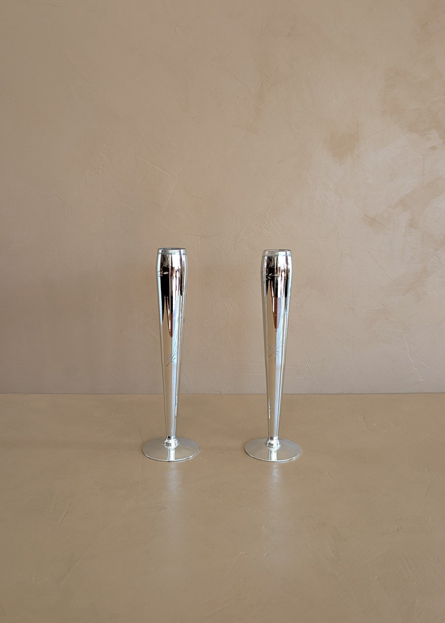 Pair of Vintage Hand-Blown and Hand-Cut Silvered Glass Bud Vases with Floral Detailing