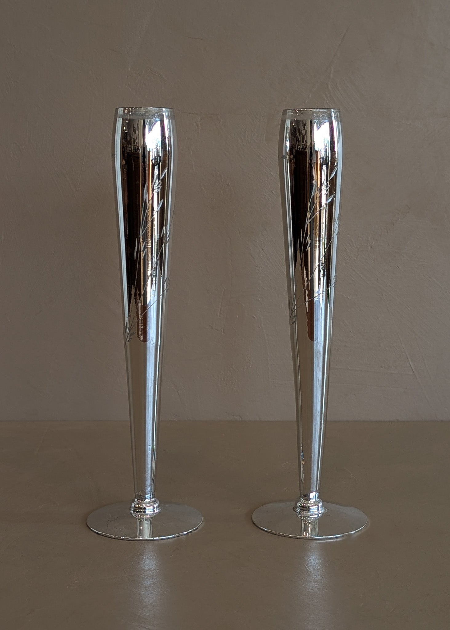 Pair of Vintage Hand-Blown and Hand-Cut Silvered Glass Bud Vases with Floral Detailing