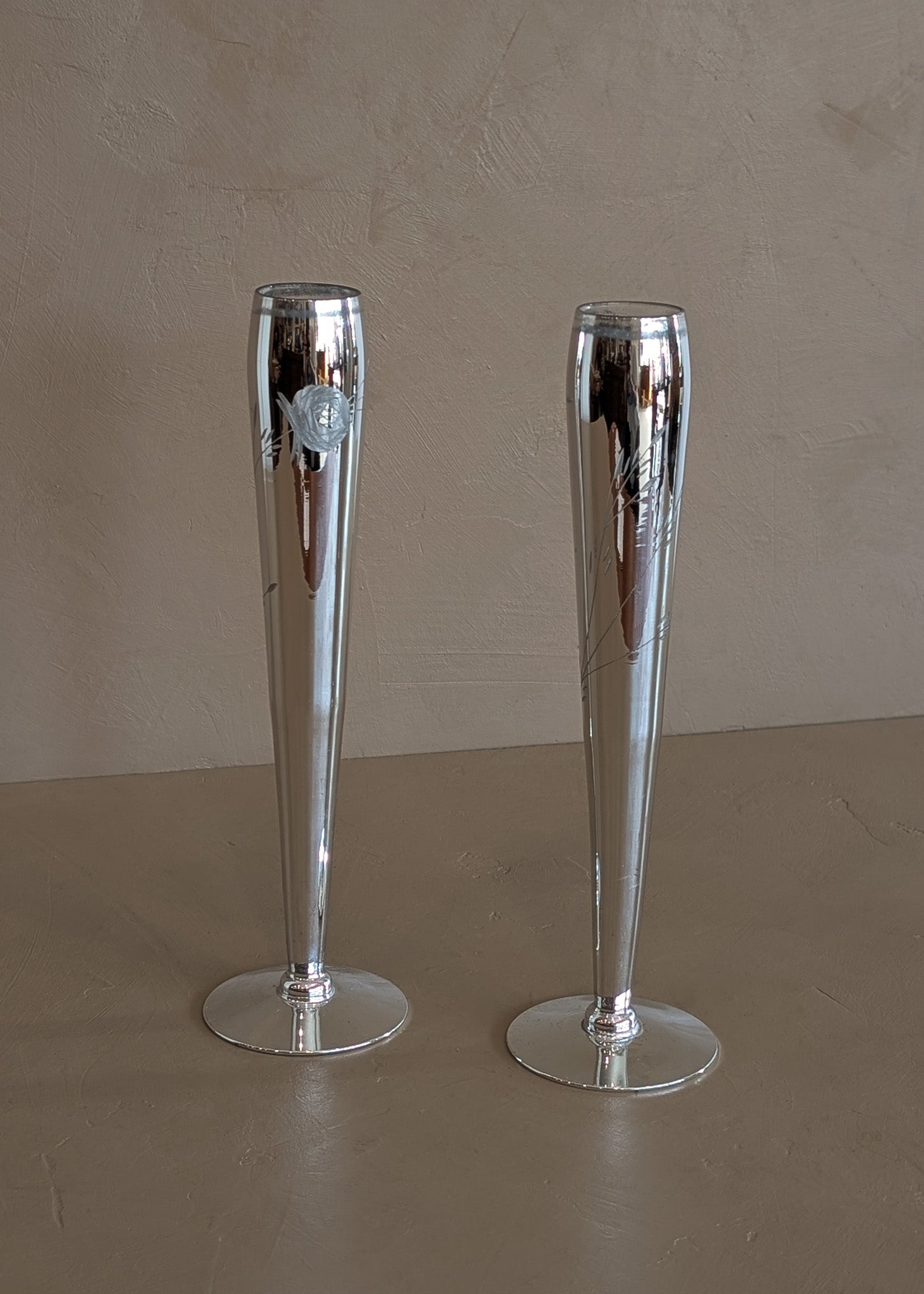 Pair of Vintage Hand-Blown and Hand-Cut Silvered Glass Bud Vases with Floral Detailing