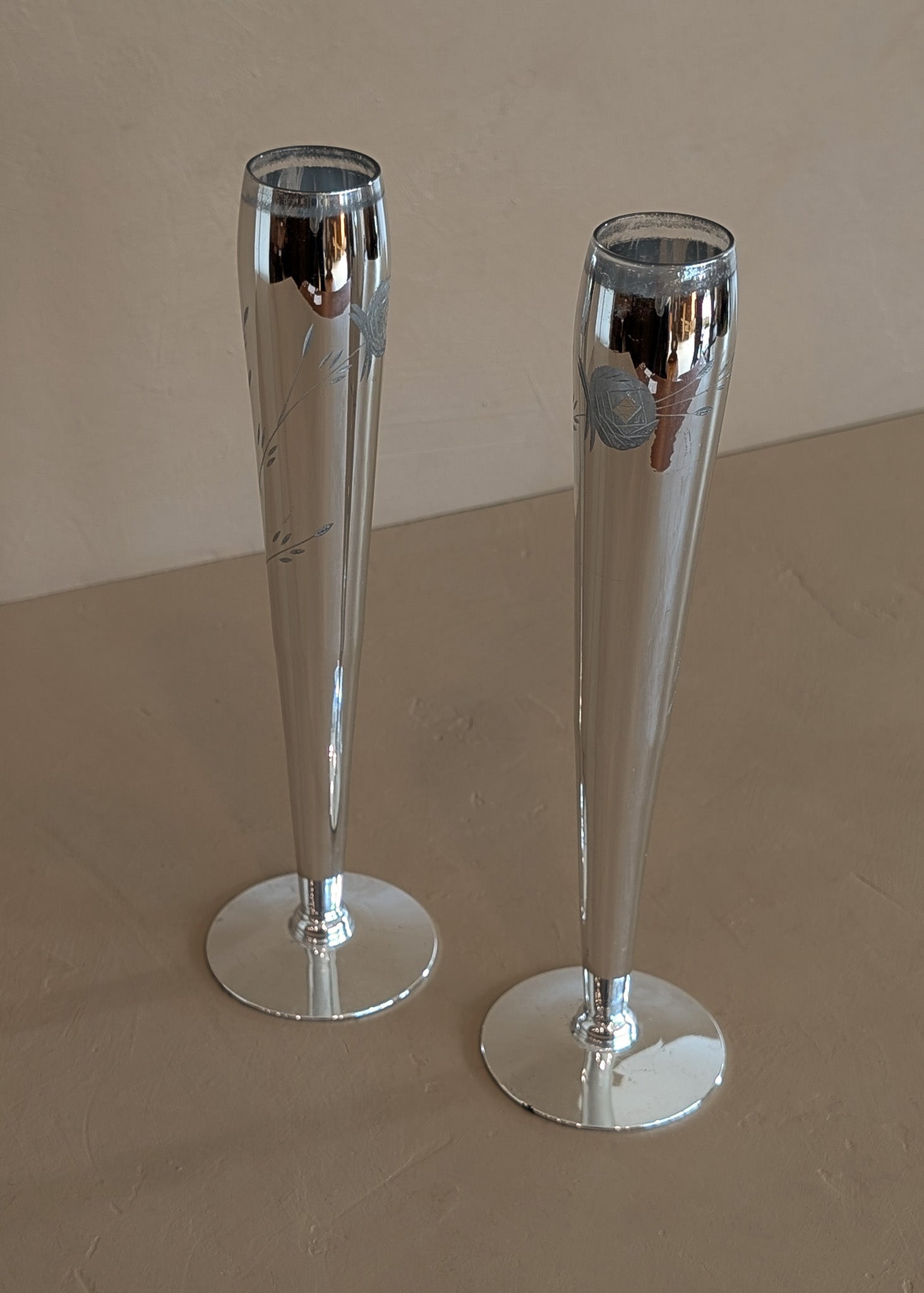 Pair of Vintage Hand-Blown and Hand-Cut Silvered Glass Bud Vases with Floral Detailing