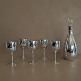 Vintage Hand-Blown and Hand-Cut Silvered Decanter and 5 Matching Wine Glasses with Floral Detailing