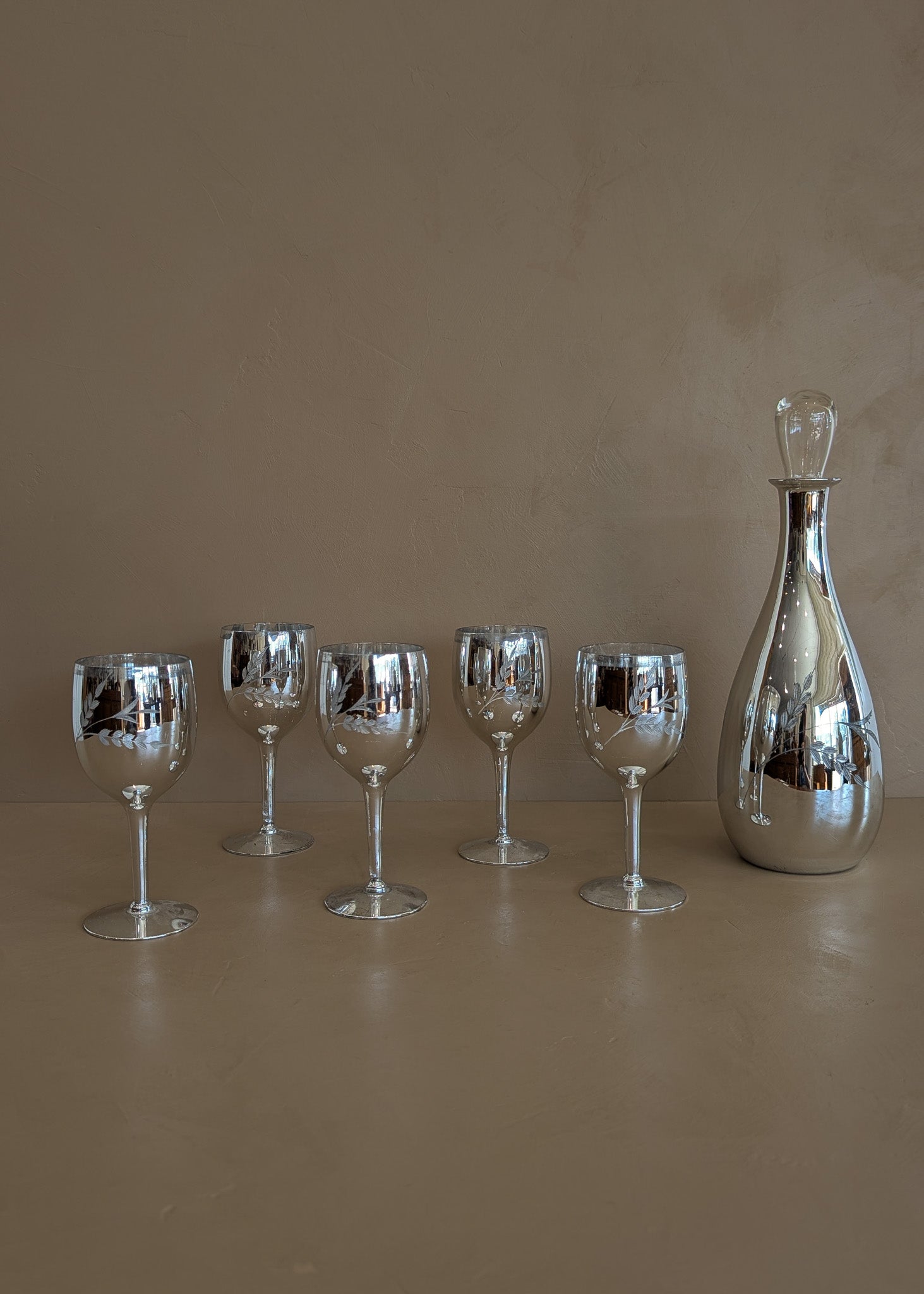 Vintage Hand-Blown and Hand-Cut Silvered Decanter and 5 Matching Wine Glasses with Floral Detailing