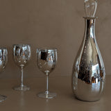 Vintage Hand-Blown and Hand-Cut Silvered Decanter and 5 Matching Wine Glasses with Floral Detailing