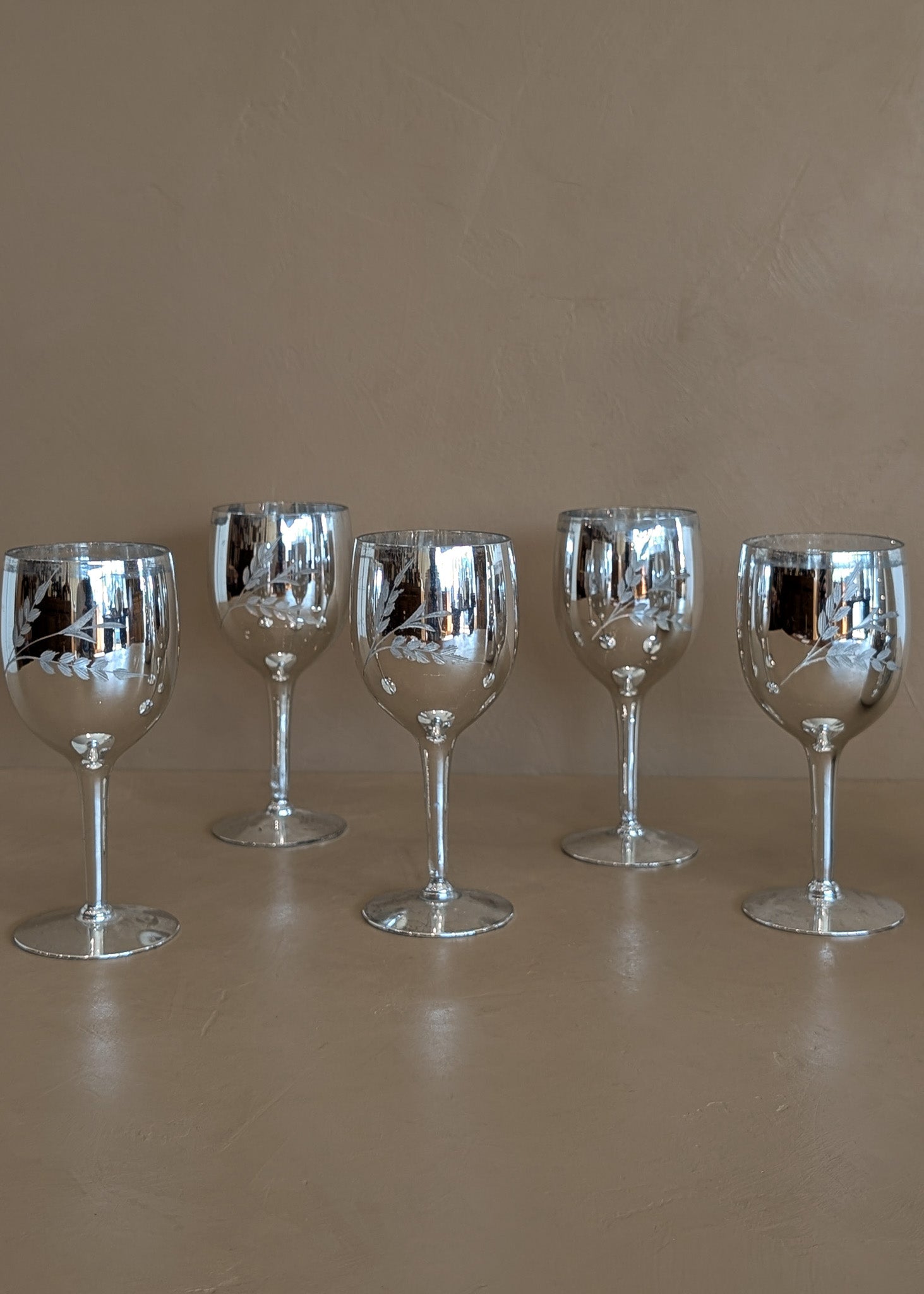 Vintage Hand-Blown and Hand-Cut Silvered Decanter and 5 Matching Wine Glasses with Floral Detailing
