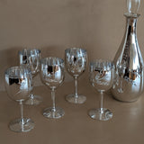 Vintage Hand-Blown and Hand-Cut Silvered Decanter and 5 Matching Wine Glasses with Floral Detailing