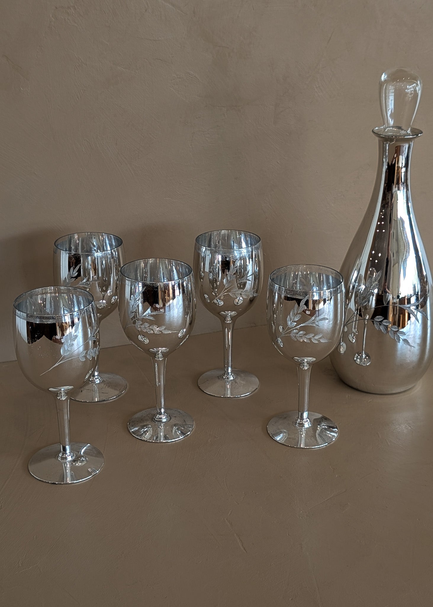 Vintage Hand-Blown and Hand-Cut Silvered Decanter and 5 Matching Wine Glasses with Floral Detailing