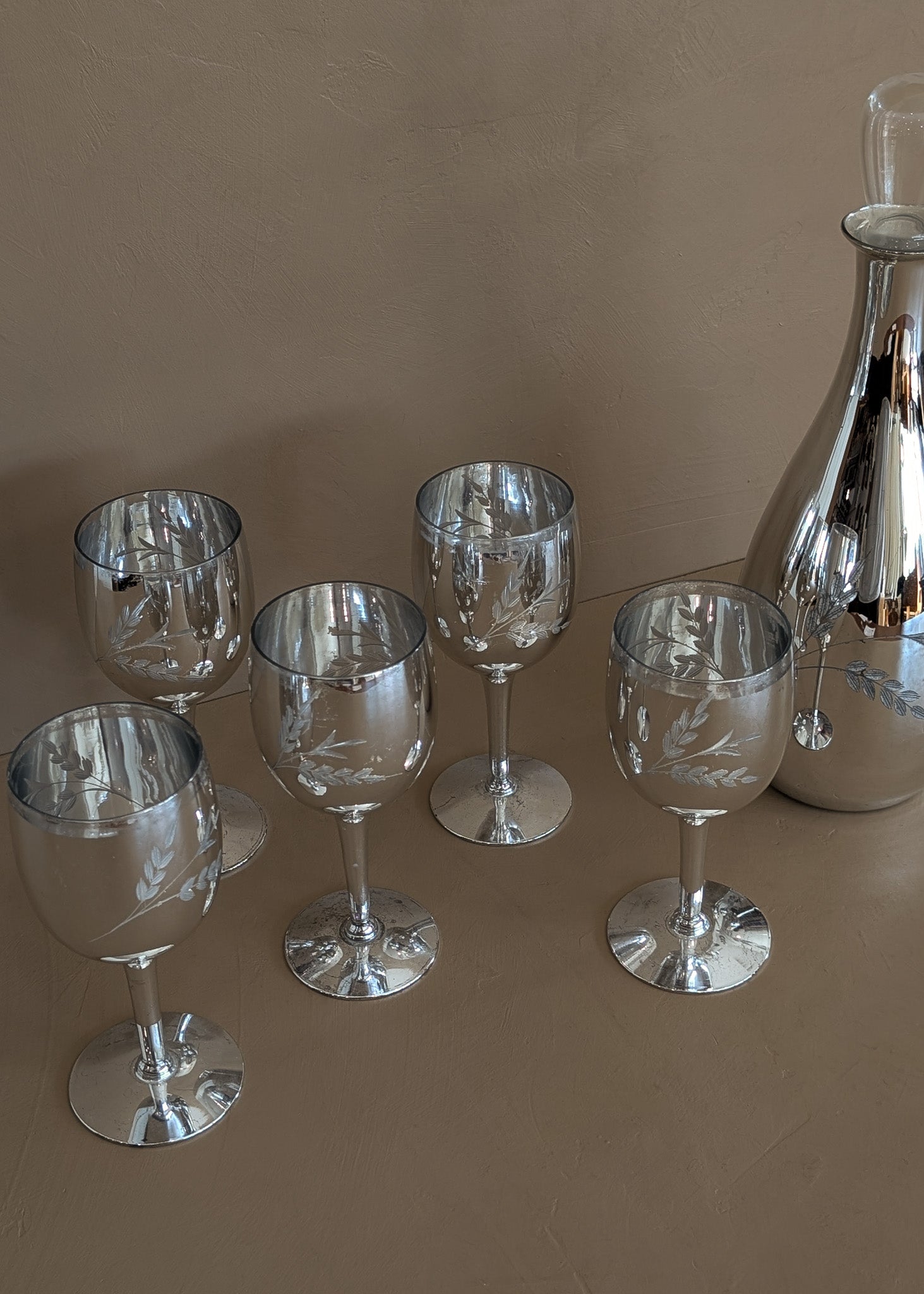 Vintage Hand-Blown and Hand-Cut Silvered Decanter and 5 Matching Wine Glasses with Floral Detailing