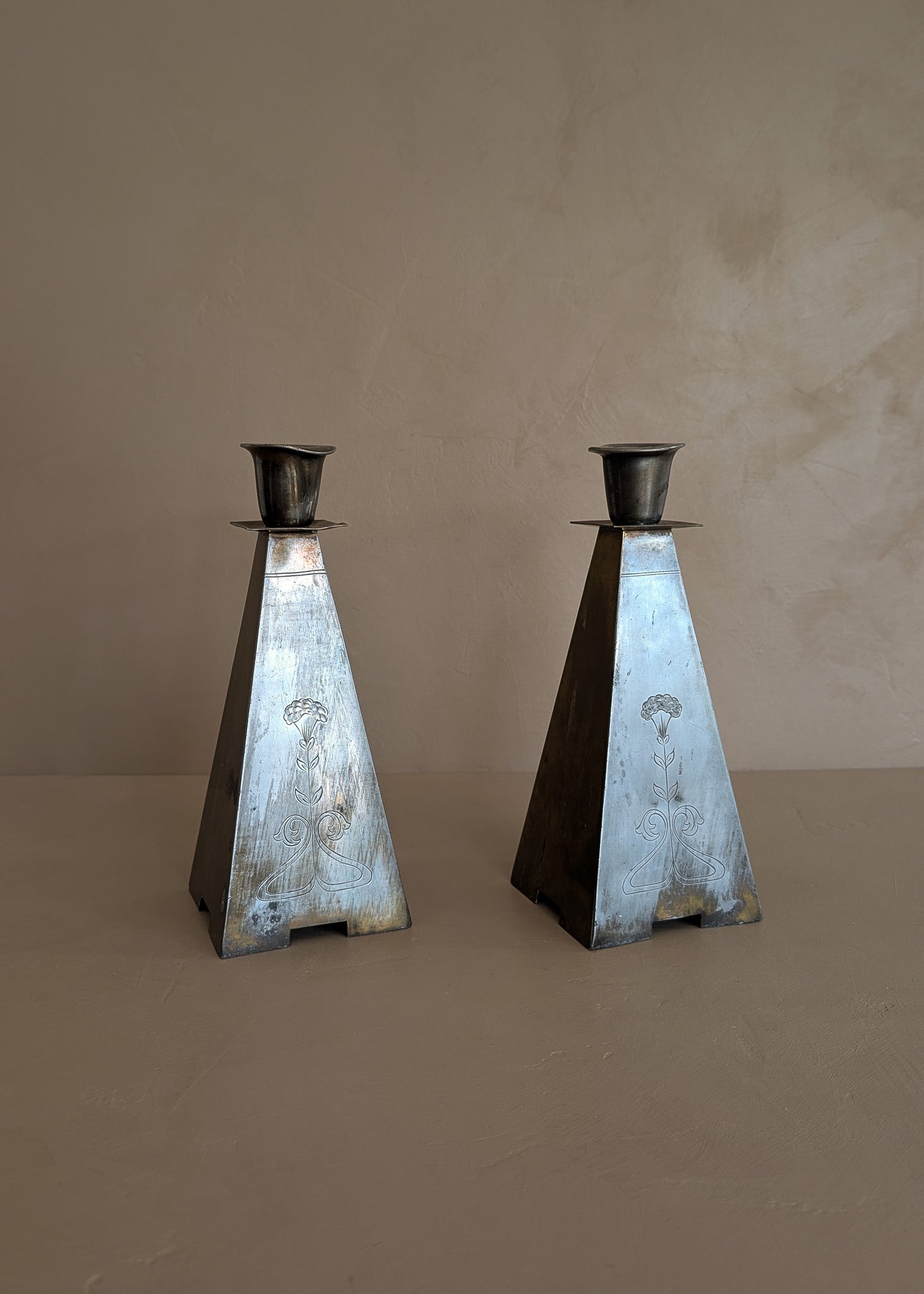 Pair of Antique European Handcrafted Art Nouveau Brass and Silver-Plated Candleholders with Etched Floral Detailing