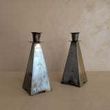 Pair of Antique European Handcrafted Art Nouveau Brass and Silver-Plated Candleholders with Etched Floral Detailing