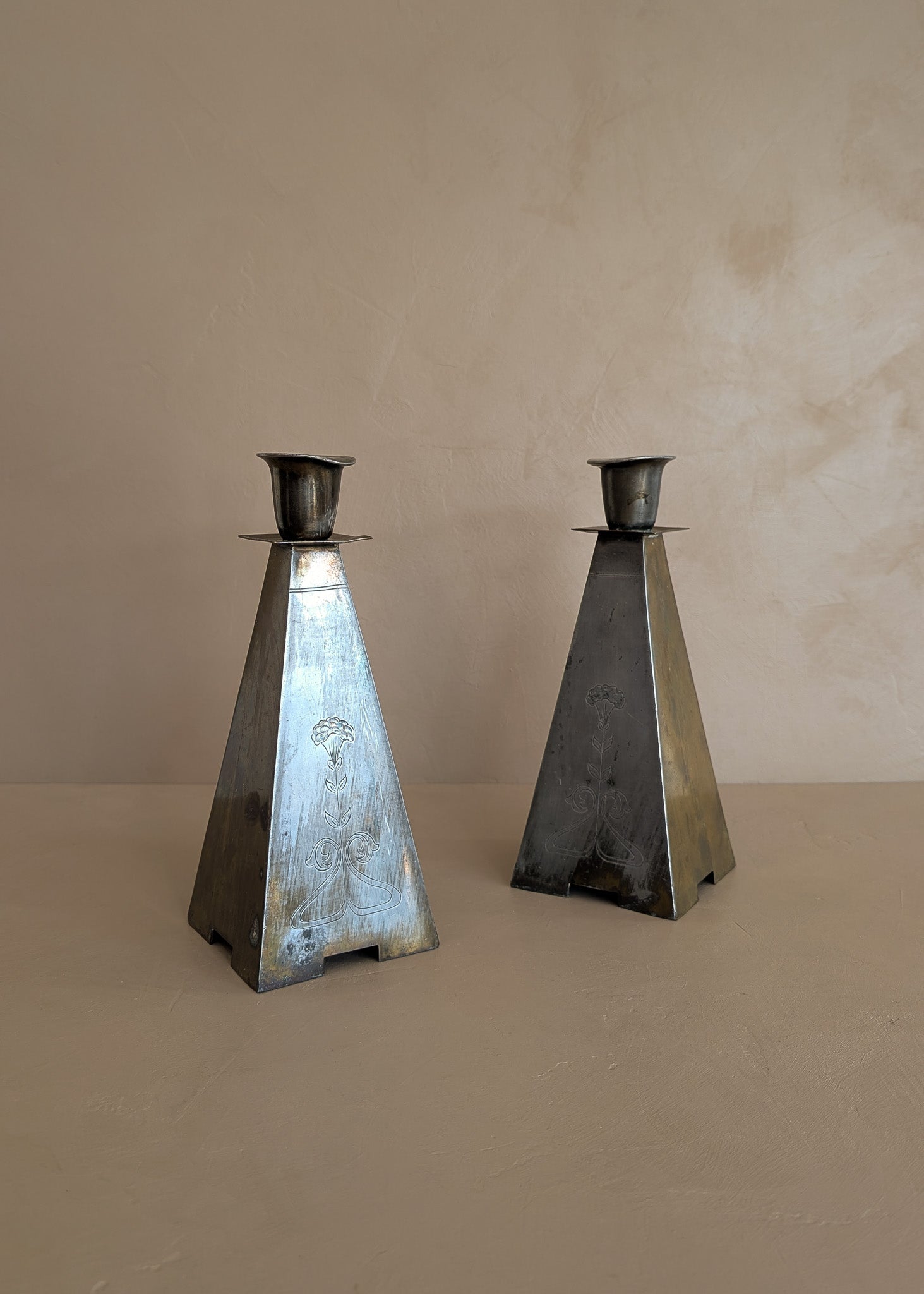 Pair of Antique European Handcrafted Art Nouveau Brass and Silver-Plated Candleholders with Etched Floral Detailing