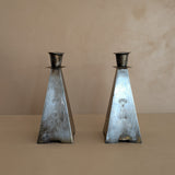 Pair of Antique European Handcrafted Art Nouveau Brass and Silver-Plated Candleholders with Etched Floral Detailing