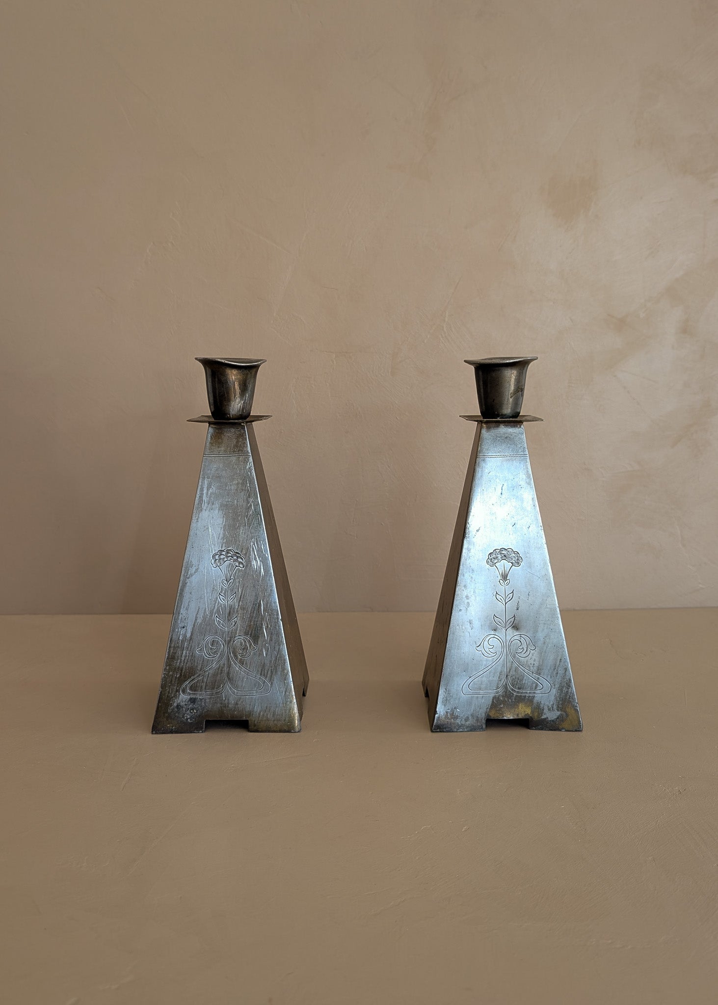 Pair of Antique European Handcrafted Art Nouveau Brass and Silver-Plated Candleholders with Etched Floral Detailing