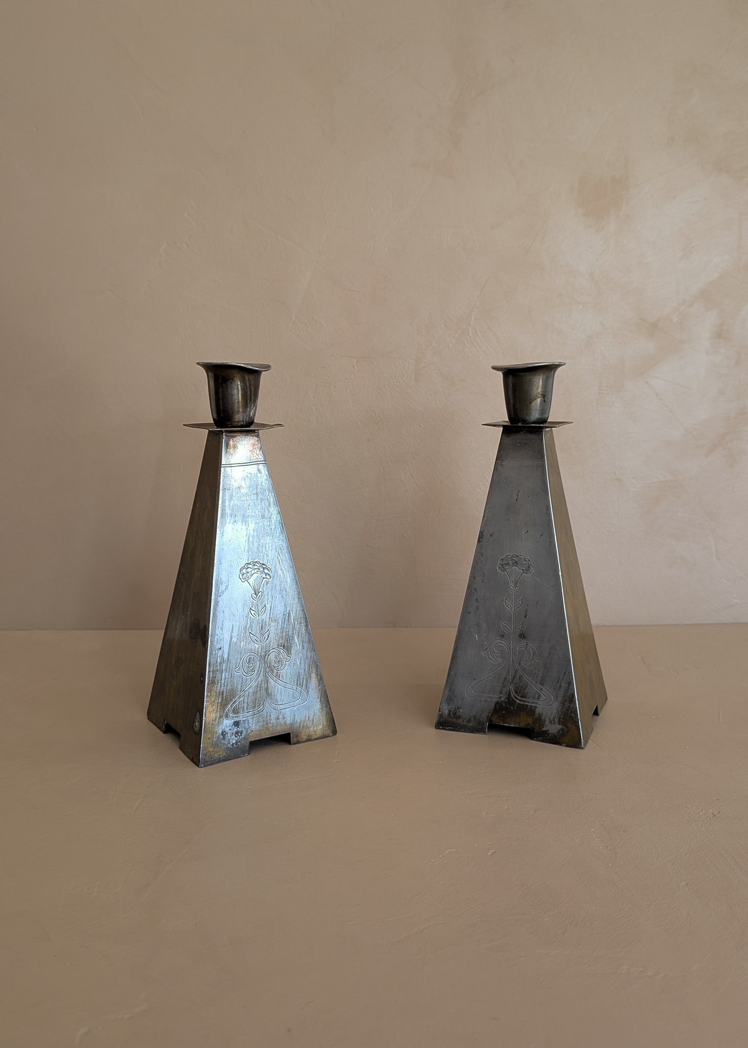 Pair of Antique European Handcrafted Art Nouveau Brass and Silver-Plated Candleholders with Etched Floral Detailing