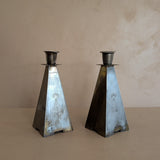 Pair of Antique European Handcrafted Art Nouveau Brass and Silver-Plated Candleholders with Etched Floral Detailing
