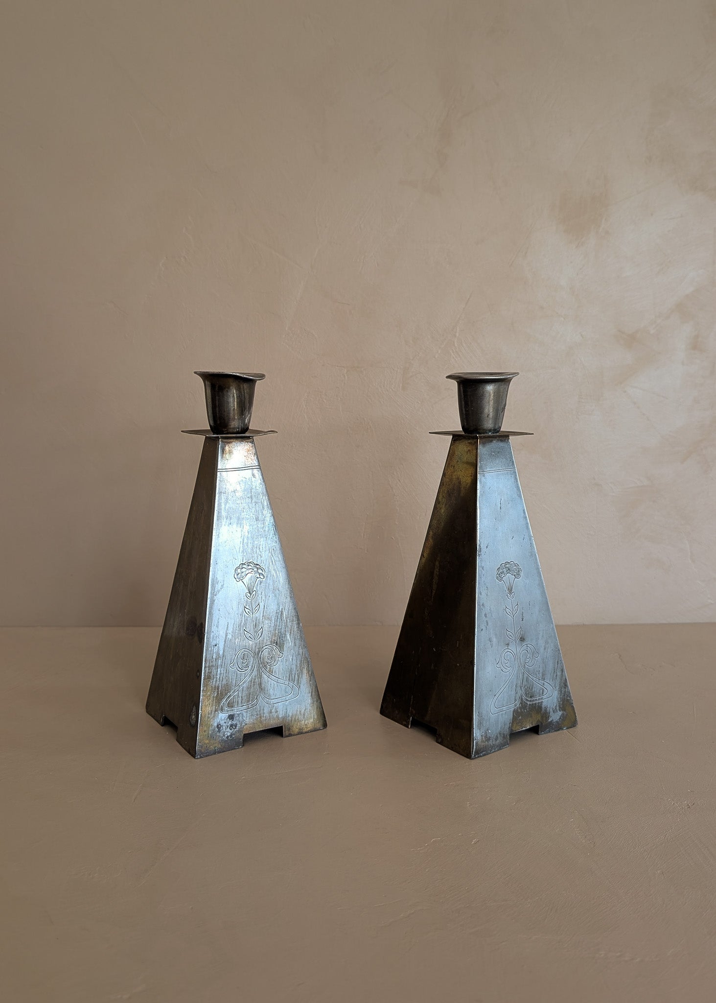 Pair of Antique European Handcrafted Art Nouveau Brass and Silver-Plated Candleholders with Etched Floral Detailing
