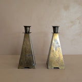 Pair of Antique European Handcrafted Art Nouveau Brass and Silver-Plated Candleholders with Etched Floral Detailing