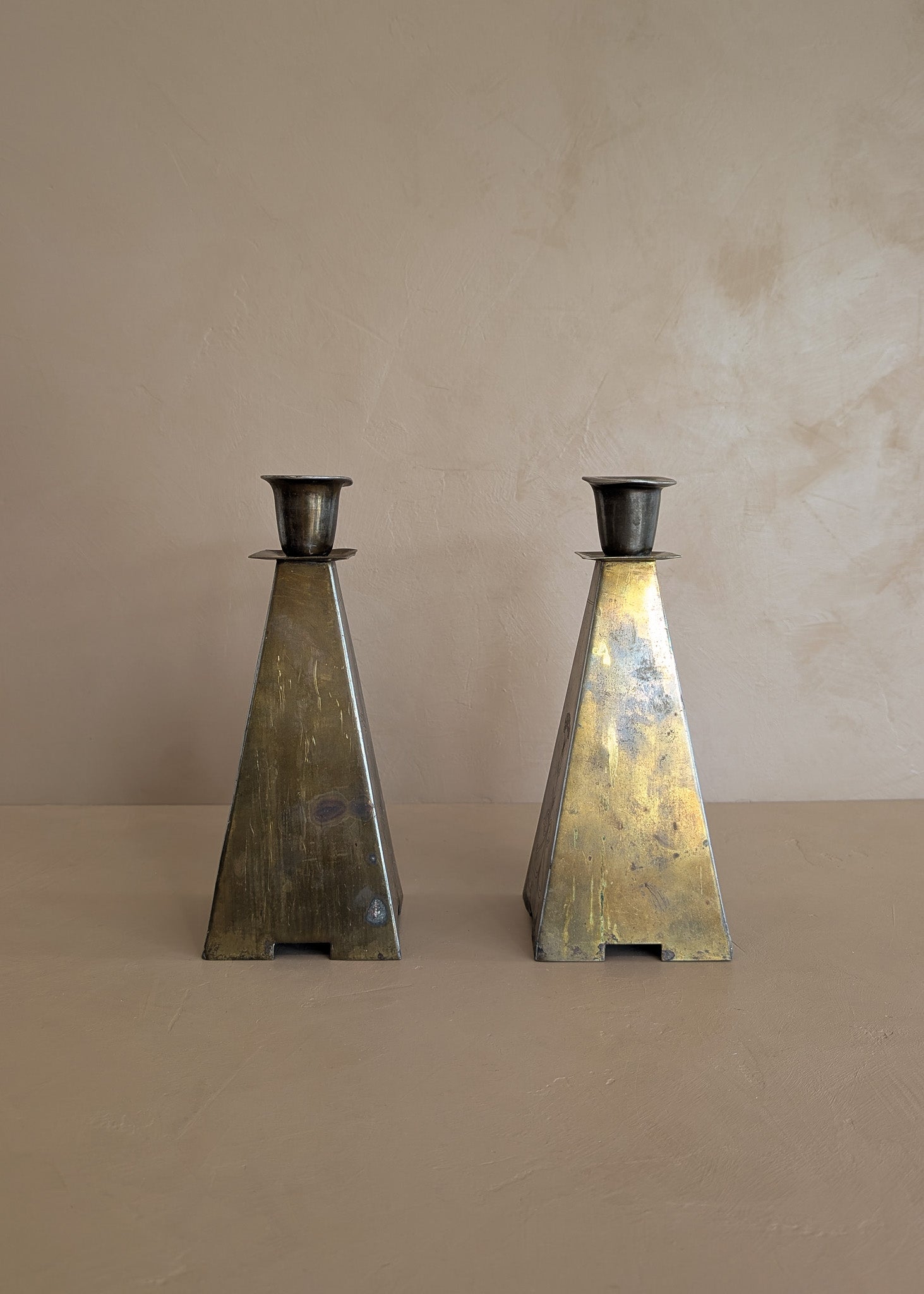 Pair of Antique European Handcrafted Art Nouveau Brass and Silver-Plated Candleholders with Etched Floral Detailing