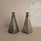 Pair of Antique European Handcrafted Art Nouveau Brass and Silver-Plated Candleholders with Etched Floral Detailing