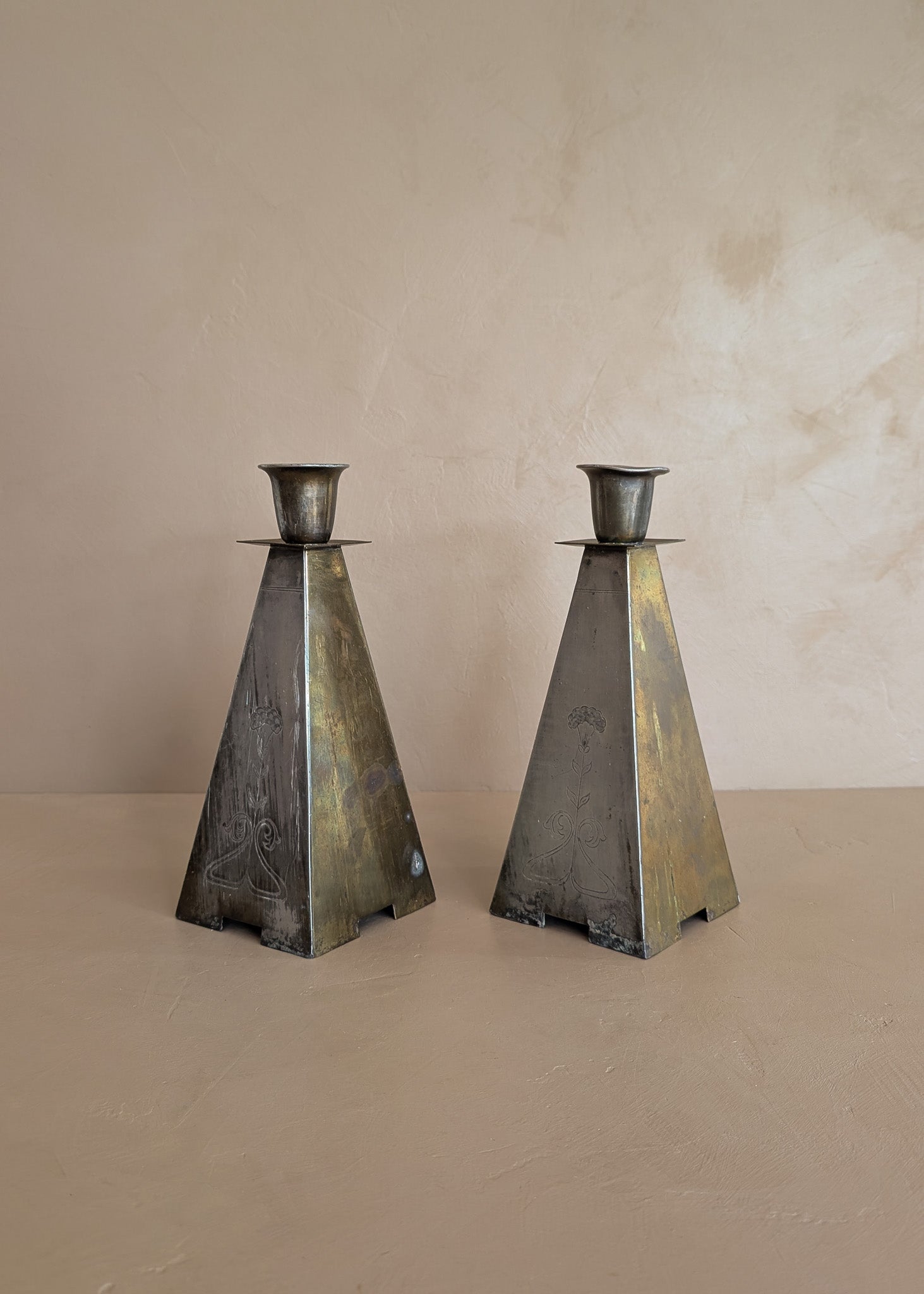 Pair of Antique European Handcrafted Art Nouveau Brass and Silver-Plated Candleholders with Etched Floral Detailing