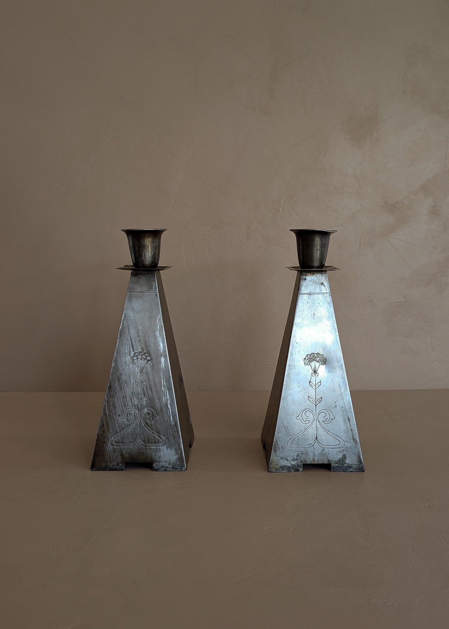 Pair of Antique European Handcrafted Art Nouveau Brass and Silver-Plated Candleholders with Etched Floral Detailing