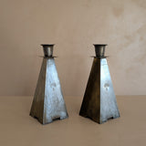 Pair of Antique European Handcrafted Art Nouveau Brass and Silver-Plated Candleholders with Etched Floral Detailing