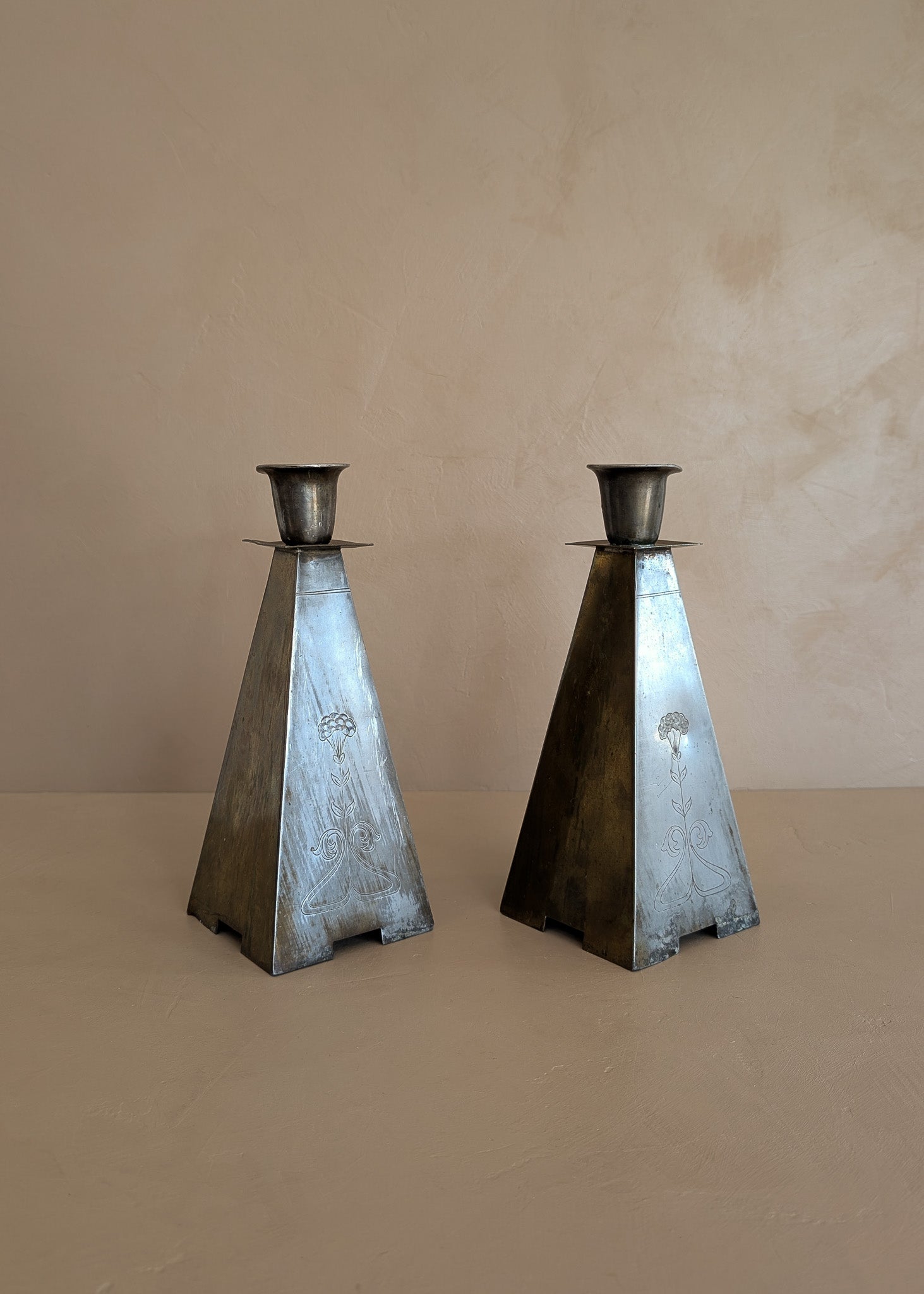 Pair of Antique European Handcrafted Art Nouveau Brass and Silver-Plated Candleholders with Etched Floral Detailing