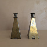 Pair of Antique European Handcrafted Art Nouveau Brass and Silver-Plated Candleholders with Etched Floral Detailing