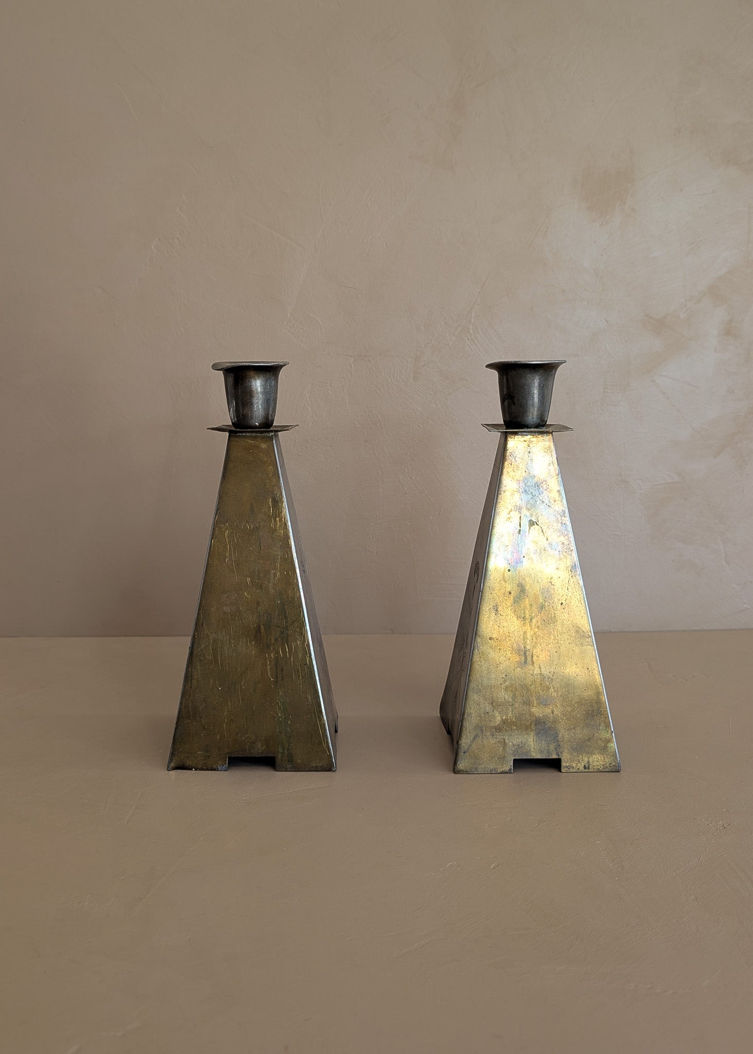 Pair of Antique European Handcrafted Art Nouveau Brass and Silver-Plated Candleholders with Etched Floral Detailing