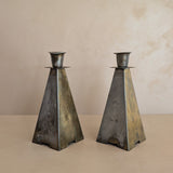 Pair of Antique European Handcrafted Art Nouveau Brass and Silver-Plated Candleholders with Etched Floral Detailing