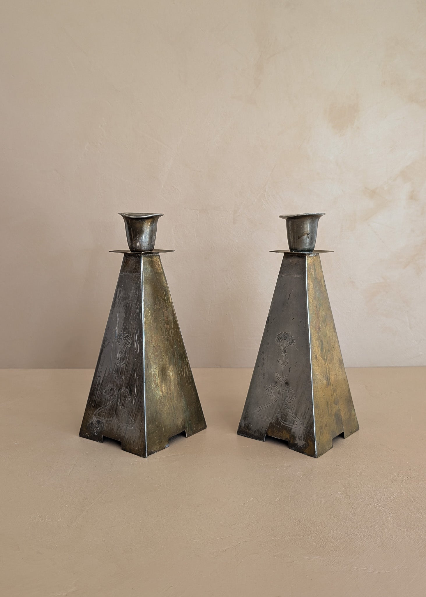 Pair of Antique European Handcrafted Art Nouveau Brass and Silver-Plated Candleholders with Etched Floral Detailing