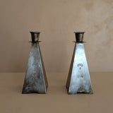 Pair of Antique European Handcrafted Art Nouveau Brass and Silver-Plated Candleholders with Etched Floral Detailing