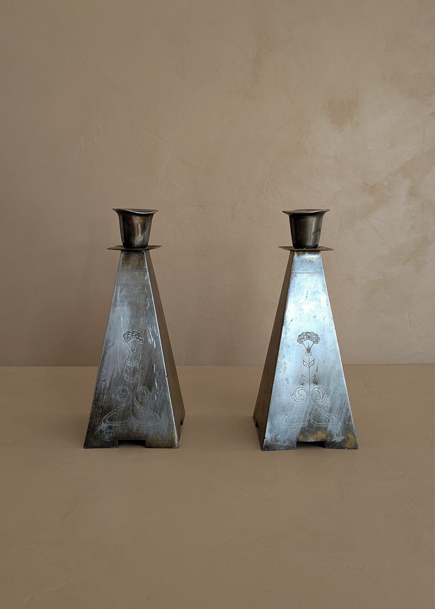 Pair of Antique European Handcrafted Art Nouveau Brass and Silver-Plated Candleholders with Etched Floral Detailing