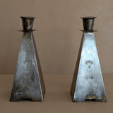 Pair of Antique European Handcrafted Art Nouveau Brass and Silver-Plated Candleholders with Etched Floral Detailing