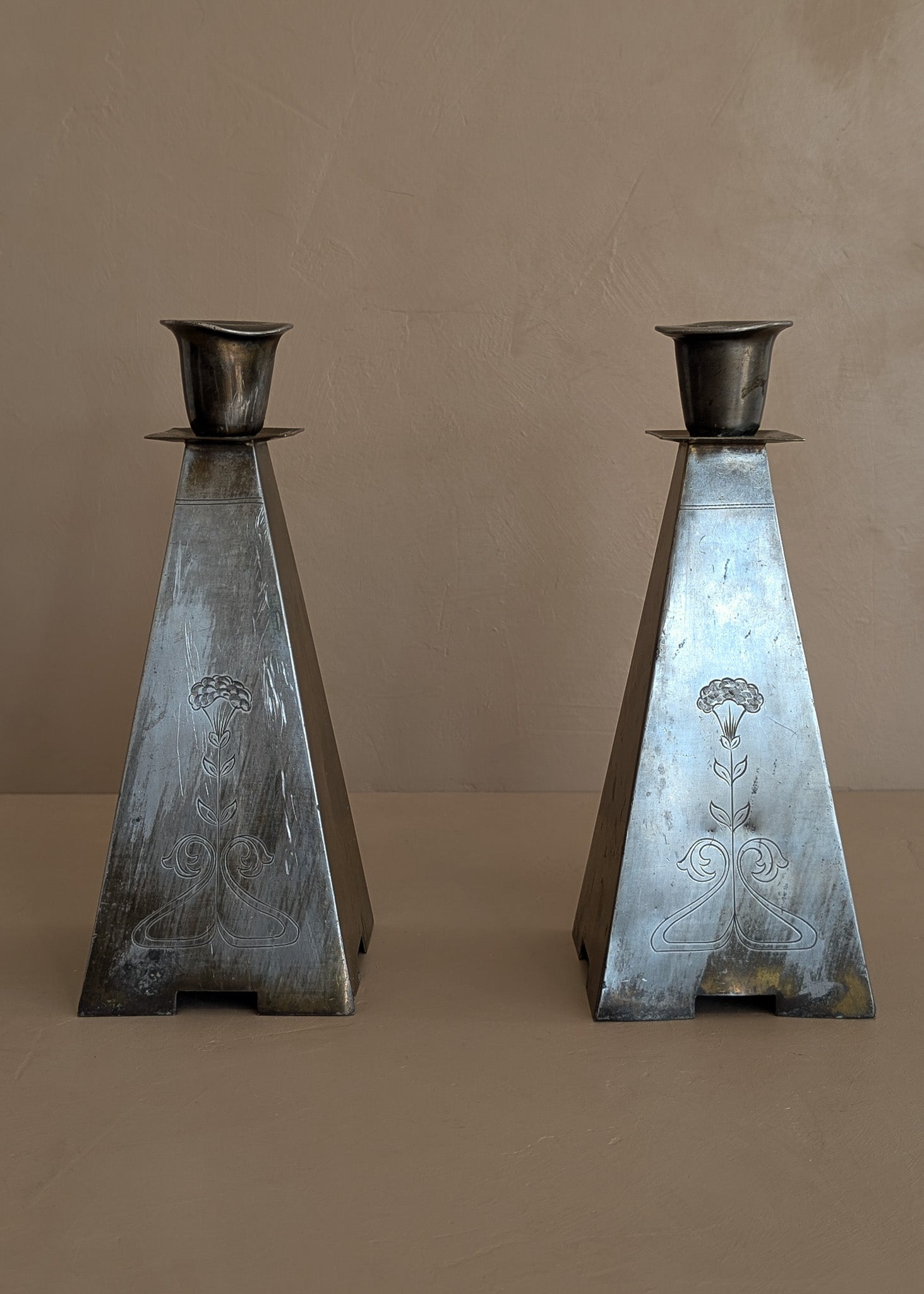Pair of Antique European Handcrafted Art Nouveau Brass and Silver-Plated Candleholders with Etched Floral Detailing